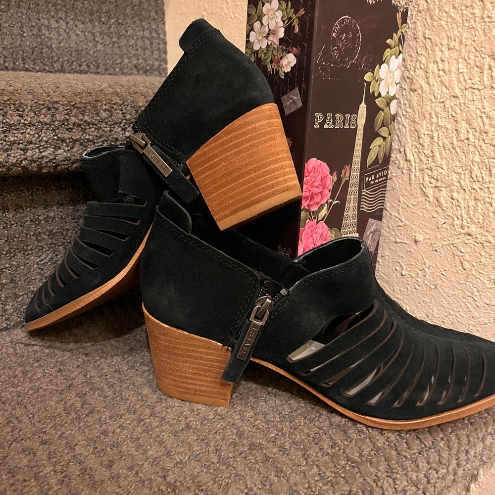 1. State Black Cutout Heeled Boots with Tan Block Heel